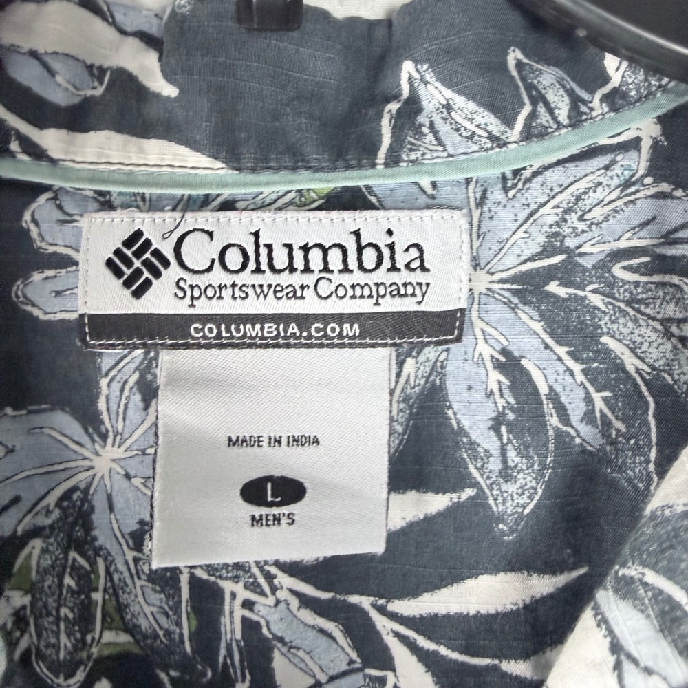 Columbia Men L Blue‎ Gray Short Sleeve Button Up Shirt Tropical Fish Floral - Picture 5 of 11